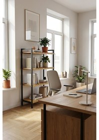 Resim 4 Katlı Metal Ofis Kitaplığı, Doğal Ahşap Raf, 4 Katlı Kitap Dosya Rafı - Depo, Arşiv, Siyah 