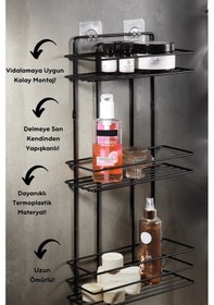 Resim 3 Katlı Siyah Yapışkanlı Banyo Rafı, Şampuanlık Duş Düzenleyici, Paslanmaz Metal Banyo Duvar Askısı - TŞ-03 