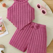 Resim 2 Parça Kız Çocuk Yazlık Dış Mekan Oyunu Tek Renk Crop Top ve Fiyonk Detaylı Çizgili Pantolon Takımı, Mükemmel Dış Mekan Kullanım İçin 