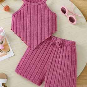 Resim 2 Parça Kız Çocuk Yazlık Dış Mekan Oyunu Tek Renk Crop Top ve Fiyonk Detaylı Çizgili Pantolon Takımı, Mükemmel Dış Mekan Kullanım İçin 