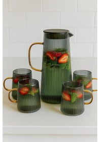 Resim Morponi Borosilikat Cam Gold Saplı Siyah Detoks Sürahi 1300 Ml 4 Bardaklı Mtr 