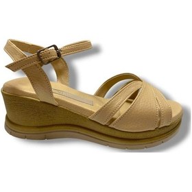 Resim C-shoes Ka02-25 Deri Anatomik Yanları Açık Dolgu Topuk Kadın Sandalet Bej 