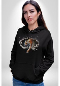 Resim Kırık Duvar Kaplan Kadın Erkek Siyah Kapüşonlu Sweatshirt Hoodie Siyah 
