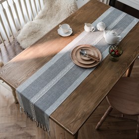 Resim İskandinav Modern Basit Düz Renkli Dokuma Masa Yolu, Püsküllü, Polyester Karışımı, Dikdörtgen, Ev ve Şenlik Masası Dekoru Yemek Odası, Partiler, Düğünler İçin - Beyaz Çizgili Gri - 1 Adet 