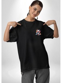Resim Renkli Yavru Panda Siyah Oversize Unisex Ön Sol Yan Minimal Baskılı Tişört Koyu Siyah 