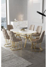 Resim Canisa Epal Serisi 90x168 Lak Panel Beyaz Mermer Desen Masa Takımı Gold Ayaklı 6 Cappucino Sandalye Beyaz Mermer Desen Masa Sandalyeler Cappucino 