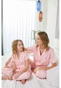 Resim Kız Çocuk Önden Düğmeli Gömlek Yakalı Pamuk Saten Dokuma Kısa Kol Pijama Takımı AÇIK PEMBE 