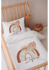 Resim %100 Pamuk Saten Isme Özel Isimli 100x150 Bebek Yatak Nevresim Seti Çiçekli Güllü Gökkuşağı 