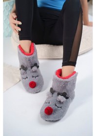 Resim Albishoes Kadın Geyik Figürlü Gri Ev Botu Panduf Yumuşak Rahat 001 