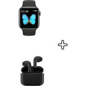 Resim Uyumlu Akıllı Saat ve Bluetooth Kulaklık Seti, Siyah Renk 