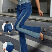 Resim Yüksek Bel Yama Renk Bloğu Paçalı Kadın Pantolon, Sokak Stili, Esnek kot Zımbalı Pantolon, Sonbahar İçin Şık Moda Pantolonlar 
