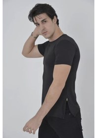 Resim Erkek Yandan Fermuarli Slim Fit T-shirt - Siyah Siyah 