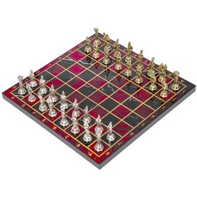 Resim Lüks Metal Satranç Takımı Krom Kaplama Roma Ordusu Figür & Alev Kırmızı Mermer Desenli Tahta 20 Cm. 
