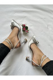 Resim Gamze Shoes Gümüş Renk Saten Bilekten Bağlama Fiyonk Taşlı 