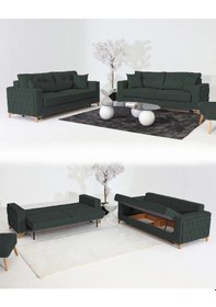 Resim Nola Koltuk Takımı 3+3 & Bazalı Yataklı Koltuk & Kanepe - Keten Koyu Yeşil 