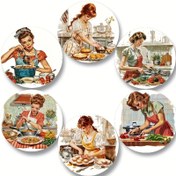 Resim 6 Parça Retro Ahşap Bardak Altlığı Seti, Mutfak Temalı Ahşap Isıya Dayanıklı Dekoratif Çay ve Kahve Altlıkları, Kaymaz Ev ve Kafe Kullanımı İçin 