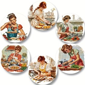 Resim 6 Parça Retro Ahşap Bardak Altlığı Seti, Mutfak Temalı Ahşap Isıya Dayanıklı Dekoratif Çay ve Kahve Altlıkları, Kaymaz Ev ve Kafe Kullanımı İçin 