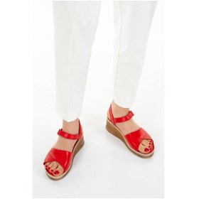 Resim Hakiki Deri Kırmızı Dolgu Topuk Kadın Sandalet Kırmızı 