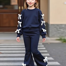 Resim 2 Adet Kız Çocuk Şık Lacivert/Koyu Mavi Parti Takımı - Uzun Kollu Yuvarlak Yaka Kazak & Beyaz Fiyonk Detaylı Geniş Paça Pantolon, 8-12 Yaş İçin Esnek Resmi ve Günlük Giysiler, İlkbahar/Sonbahar Sezonu, 8 