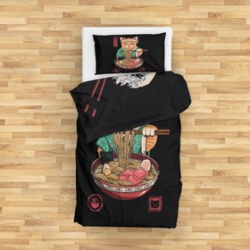 Resim Noodle Cat & Great Wave Ramen Bowl Çift Taraflı Nevresim Takımı - Tek Kişilik 