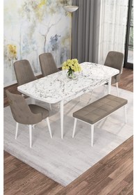 Resim Jusie Beyaz Mermer 80x132 Açılabilir Sunta Masa Yemek Odası Takımı,mutfak Takımı 4 Sandalye,1 Bench Cappuccino 