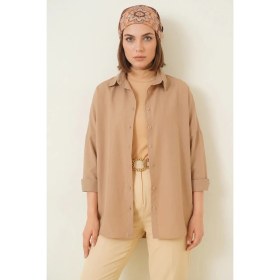 Resim Kadın Oversize Kesim Basic Pamuklu Camel Tesettür Gömlek 
