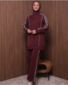 Resim Günlük Moda Kadın Tesettür Eşofman Takımı 2 Li Leopar Detaylı Bordo 