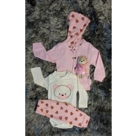 Resim Esa Baby Bebek Unisex Ayıcıklı Ceketli 3'lü Takım Hırkalı Kapşonlu Alt Üst Takım 