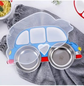 Resim Honeybeeshop Mavi 4 Parça Karikatür Araba Paslanmaz Çelik Yemek Takımı 1 Tabak 2 Kase Dayanıklı Dış Mekan Ev Kullanımı Noel Yeni Yıl Hediyesi Mavi 