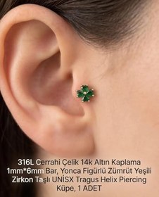 Resim 316L Cerrahi Çelik Altın Kaplama Tragus Helix Küpe Piercing Kararmaz Alerji Yapmaz Zirkon Taşlı Küpe Bar 8 mm Unisex Tekli Küpe Kadın Erkek Uyumlu Cartilage Kıkırdak Piercing 