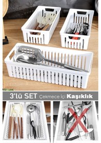 Resim 3'lü Modüler Kaşıklık Seti - Mutfak Düzenleyici Çekmece İçi Organizer Bıçaklık Kepçelik Beyaz Beyaz 