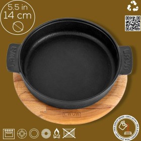 Resim Lava Döküm Yuvarlak Güveç Kabı Döküm Demir Yekpare Çift Kulplu Kayın Servis Ahşabı Çap(Ø)14cm. 