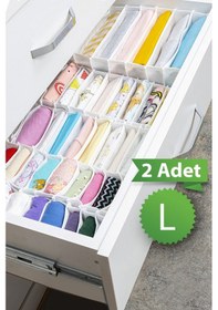 Resim 2 Adet 8 Bölmeli Çizgili Akordiyon Çok Amaçlı Çekmece Dolap İçi Organizer Düzenleyici 24x37x18 Cm L Gri 