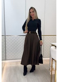 Resim Moderie Butik Kadın Yüksek Belli Maxi Deri Kemersiz Etek Kahve 