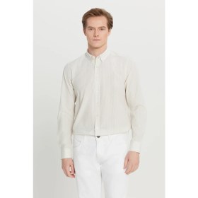 Resim Altınyıldız Classics Erkek Beyaz-Bej Pamuklu Tailored Slim Fit Dar Kesim Düğmeli Klasik Yaka Çizgili Gömlek 