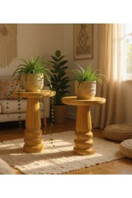 Resim ASELYA HOME Doğal Ahşap 2’li Set Mantar Yan Sehpa Modern Vernikli Fiskos Zigon Çiçeklik 