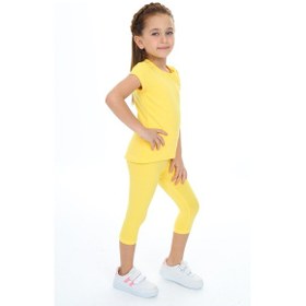 Resim Toontoy Kids Toontoy Kız Çocuk 2'li Takım Baskılı Bisiklet Yaka T-shirt & Beli Lastikli Crop Tayt Sarı 