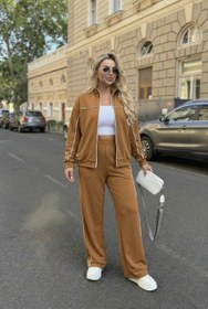 Resim Kadın Büyük Beden Uzun Kollu Fermuarlı Ara Biye Detaylı Bol Paça Eşofman Takımı 8240-26 - 4XL / Camel 