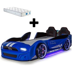 Resim Mavi Arabalı Yatak Kapıları Açılan Mustang Full Ledli Kumandalı Ve Müzikli + Ortopedik Yatak 