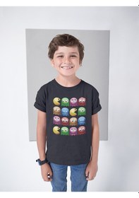 Resim Sevbano Pacman Oyun Baskılı Unisex Çocuk Tişört 1-12 Yaş Siyah 