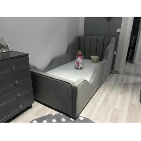 Resim Puf Bebe Montessori Tasarımlı 120X200 cm MDF Çocuk Yatağı Gri Renkli Yapı 