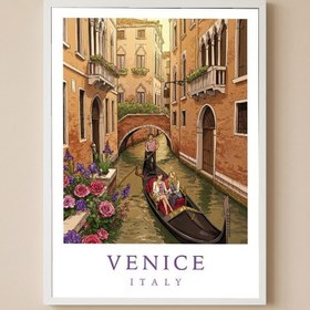 Resim Venice Italy Travel Poster - Gondola Canal Romantic Wall Art Print - Wooden Frame - White / 24 x 36" (60x90 cm) 