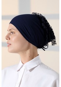 Resim Kadın Fırfırlı Güpürlü Tesettür Topuz Bone - Lacivert Lacivert 