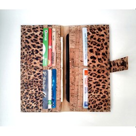 Resim Doğal Vegan Mantar Derisinden Telefon Bölmeli Leopar Desenli Clutch Kadın Cüzdan Leopar 
