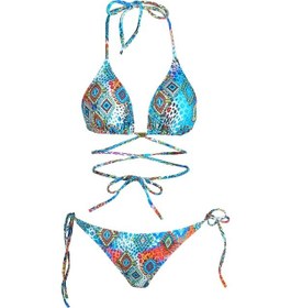 Resim Endeep Beria Kadın Çapraz Bağlama Detaylı Üçgen İpli Mavi Desenli Bikini Takımı-turuncu-mavi Mavi - Turuncu 