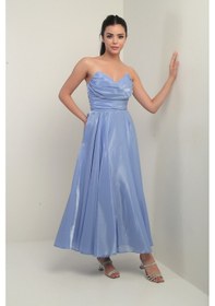 Resim By Saygı Kadın Degaje Straplez Yaka Astarlı Organze Saten Midi Elbise Bebe Mavi 