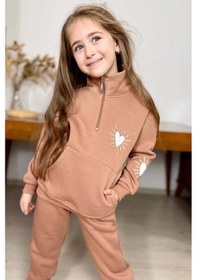 Resim Riccotarz Kız Çocuk Kalp Emoji Baskılı Kanguru Cepli Fermuarlı Sweat Taba Eşofman Takım Taba 