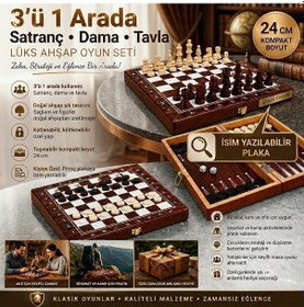 Resim Kişiye Özel İsim Yazılabilir Lüks Ahşap 3'ü 1 Arada Premium Satranç Dama Tavla Seti Kilitli 24 Cm 