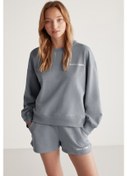 Resim Jennıfer Kadın Organik Pamuklu Nakışlı Yuvarlak Yakalı Oversize Gri Sweatshirt 