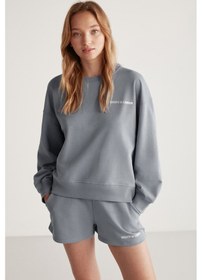 Resim Jennıfer Kadın Organik Pamuklu Nakışlı Yuvarlak Yakalı Oversize Gri Sweatshirt 